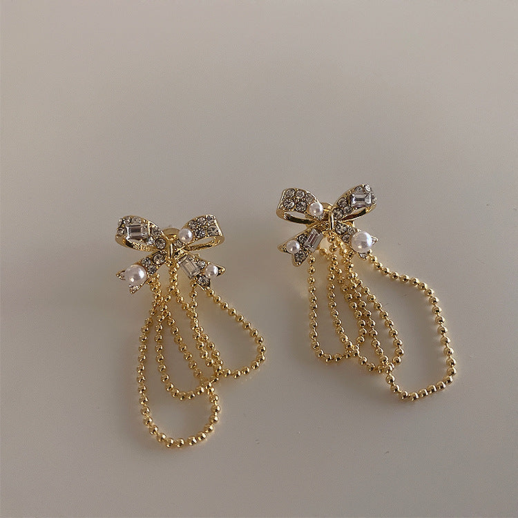 Bow Dangle Earrings With Pearls and Rhinestones