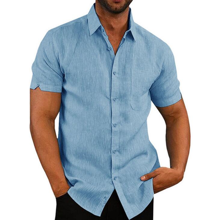 Short Sleeve Shirt Men Lapel Neck Button Pockets Solid