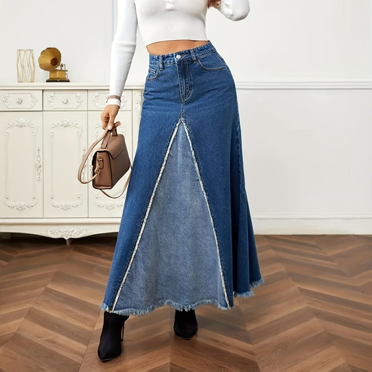 Spliced Denim Long Skirt