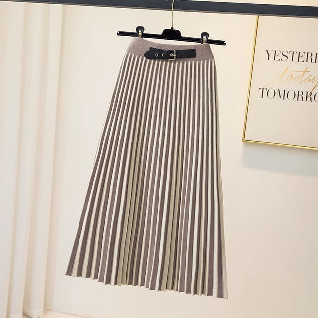 Slim Striped Knitted Midi Long Skirt