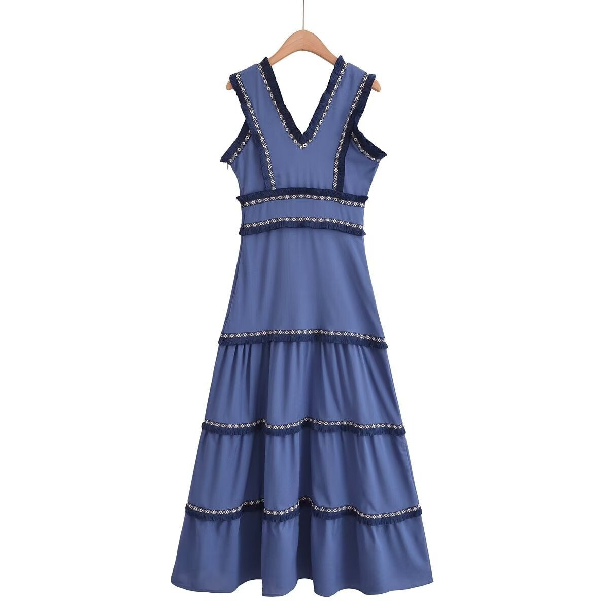 V-neck Patchwork Tassel Pleated Dress