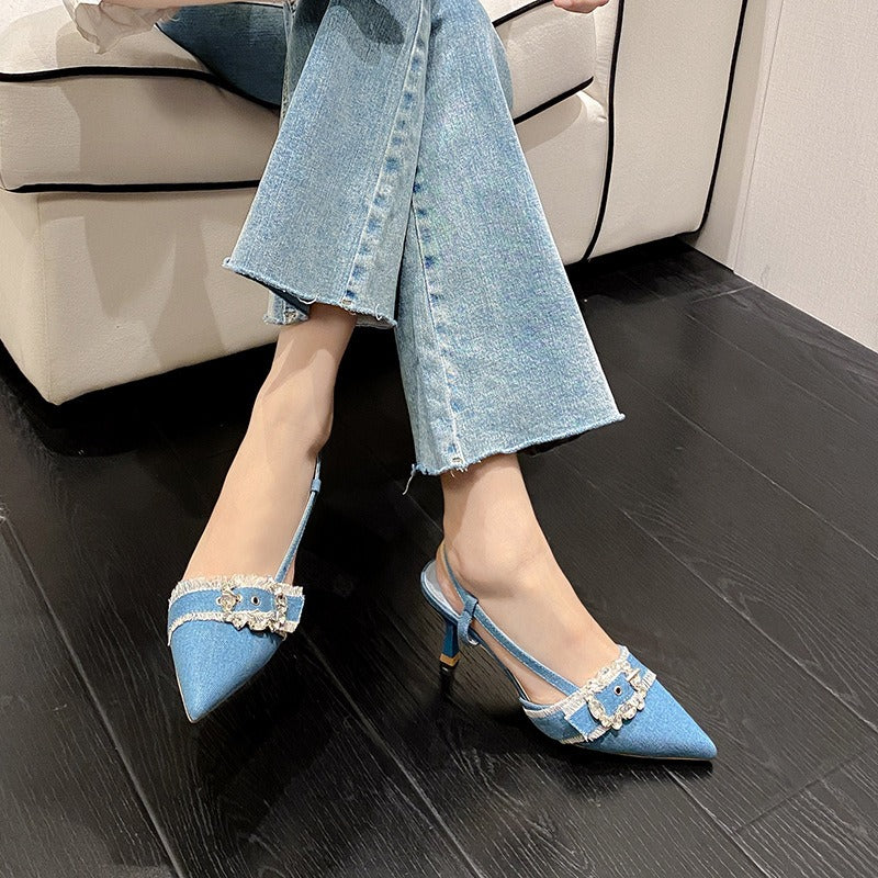 Buckle Denim Rhinestone Pointed Toe Heels