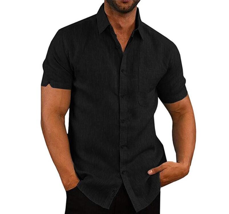 Short Sleeve Shirt Men Lapel Neck Button Pockets Solid