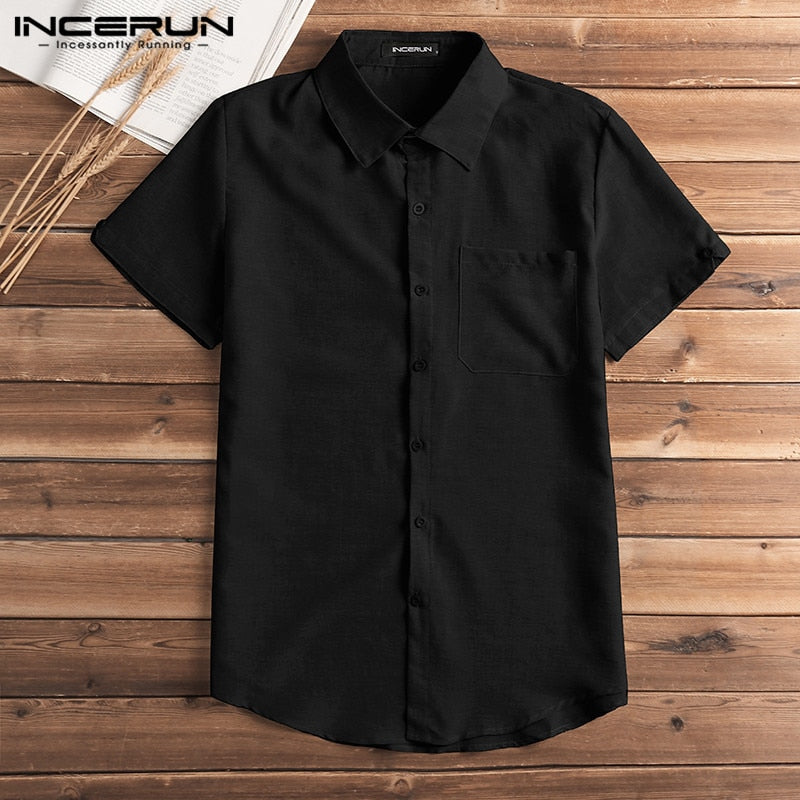 Short Sleeve Shirt Men Lapel Neck Button Pockets Solid