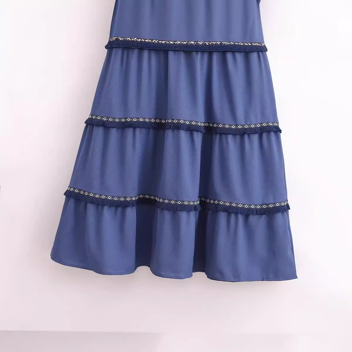 V-neck Patchwork Tassel Pleated Dress