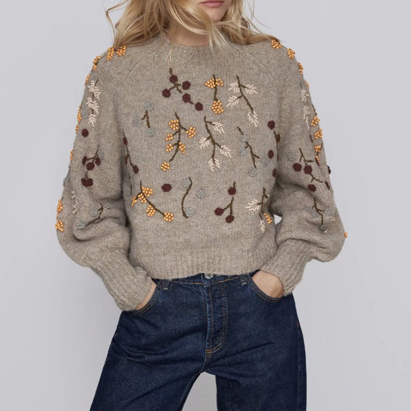 Beaded Embroidery Bubble Sleeve Sweater