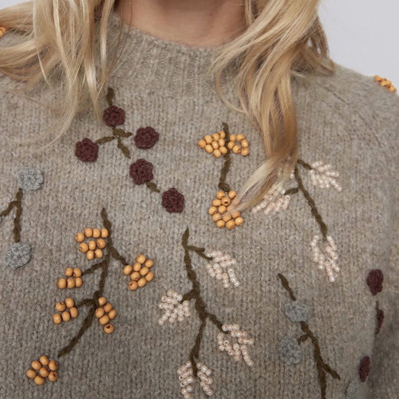 Beaded Embroidery Bubble Sleeve Sweater