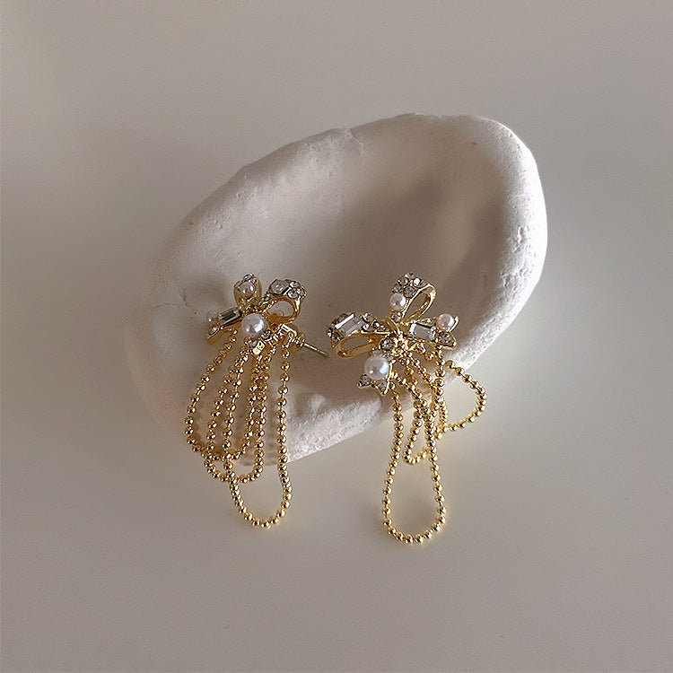 Bow Dangle Earrings With Pearls and Rhinestones