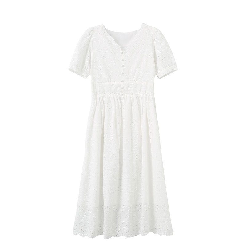 French Casual Eyelet Embroidered Midi Dress