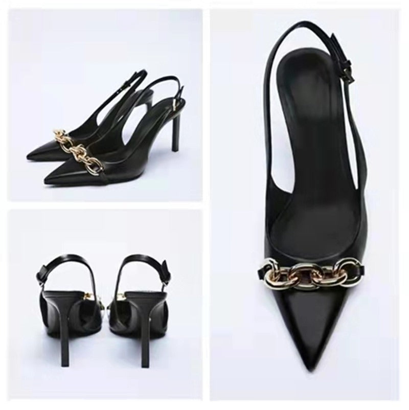 Black Chain Embellished Pointed Heeled Sandals