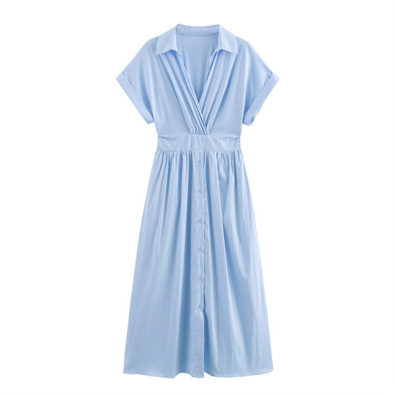 Short Sleeve V-neck Blue Dress