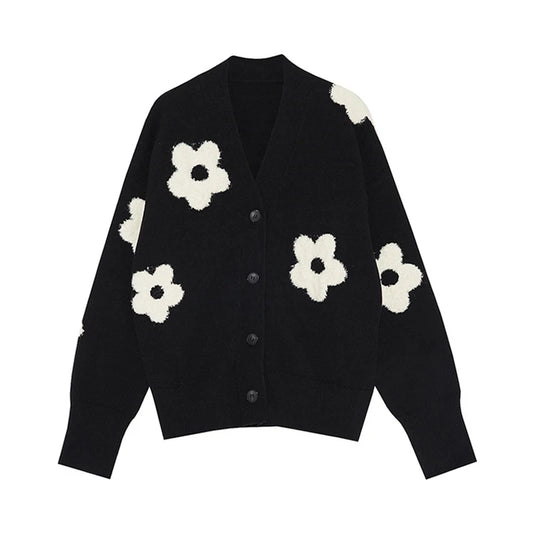 Floral V-Neck Chic Knitted Cardigan