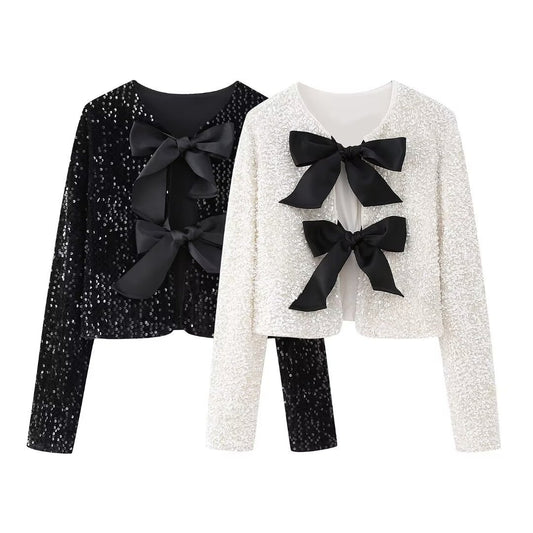 Spark and Elegant Bow Tie Sequined Top