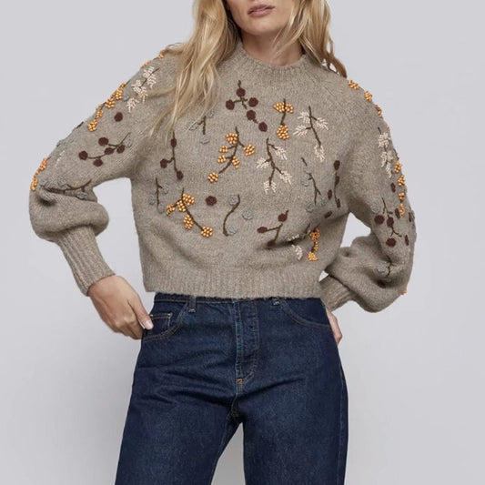 Beaded Embroidery Bubble Sleeve Sweater