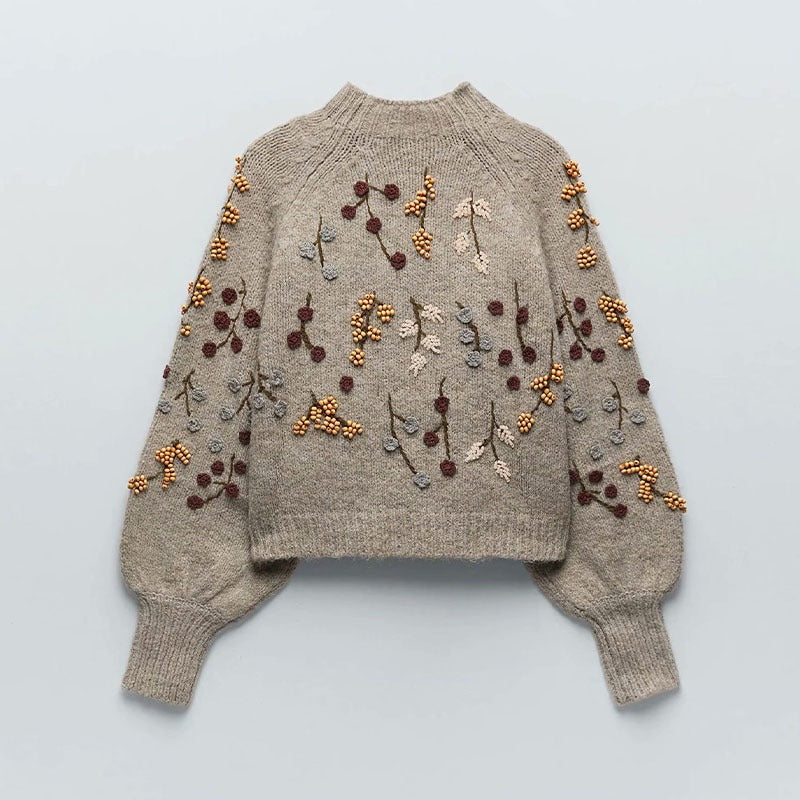 Beaded Embroidery Bubble Sleeve Sweater