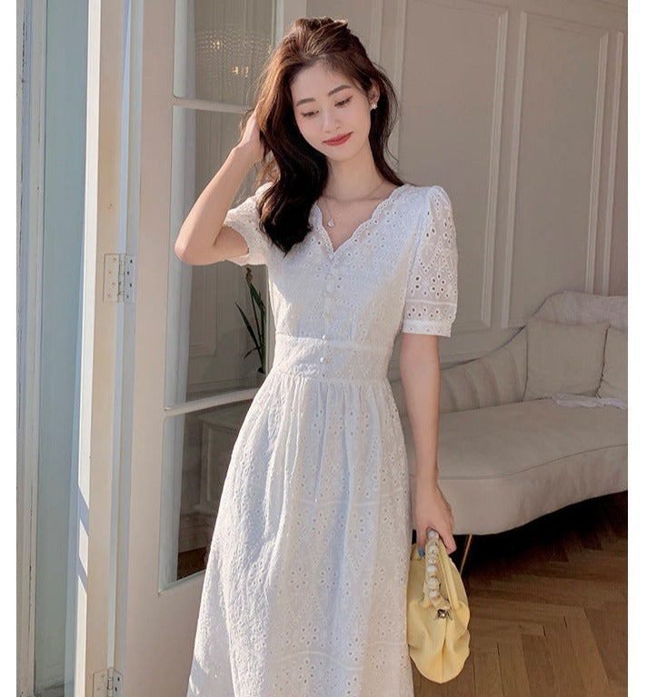 French Casual Eyelet Embroidered Midi Dress