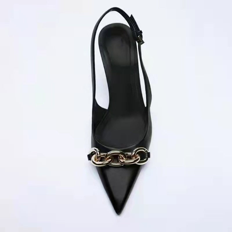 Black Chain Embellished Pointed Heeled Sandals