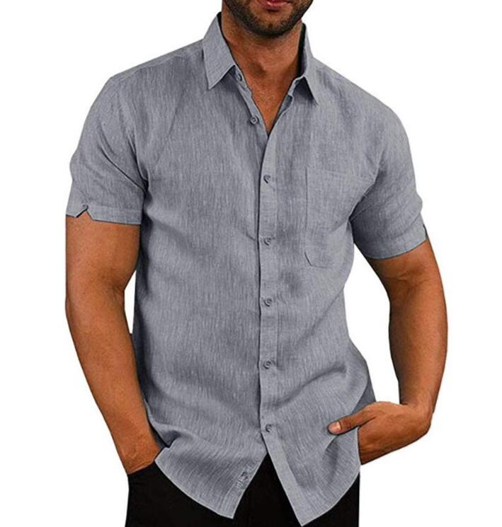 Short Sleeve Shirt Men Lapel Neck Button Pockets Solid