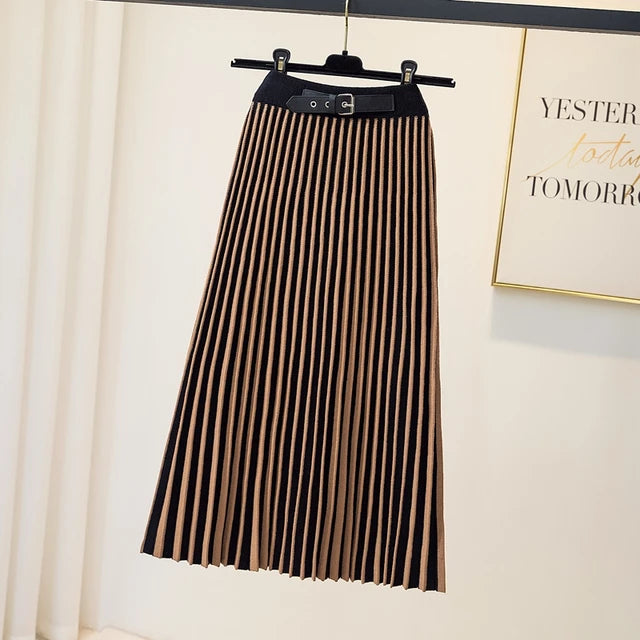 Slim Striped Knitted Midi Long Skirt