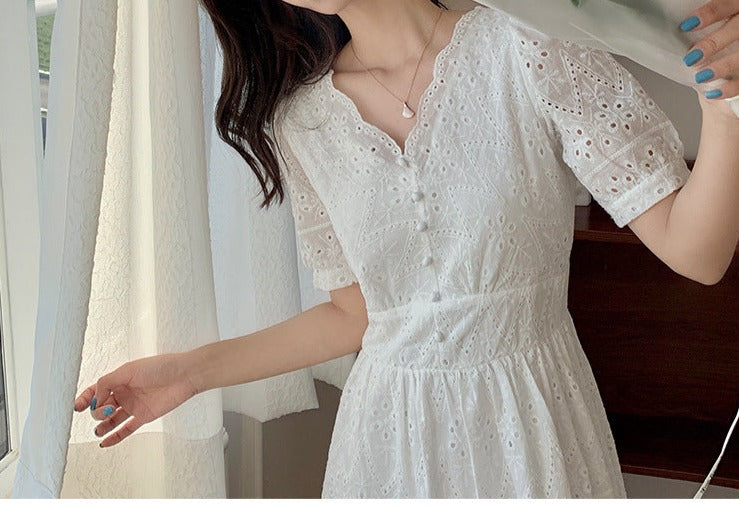 French Casual Eyelet Embroidered Midi Dress