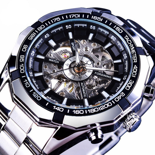 Silver Stainless Steel Waterproof Men's Skeleton Watch