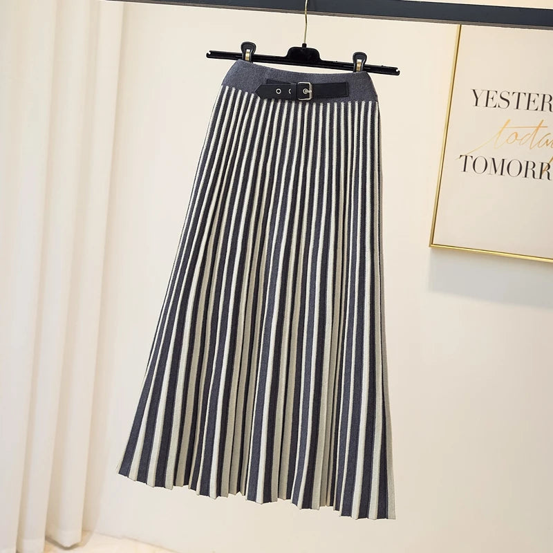 Slim Striped Knitted Midi Long Skirt