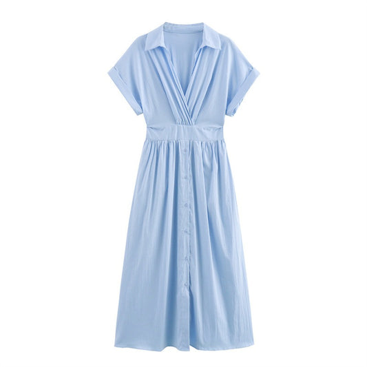 Short Sleeve V-neck Blue Dress