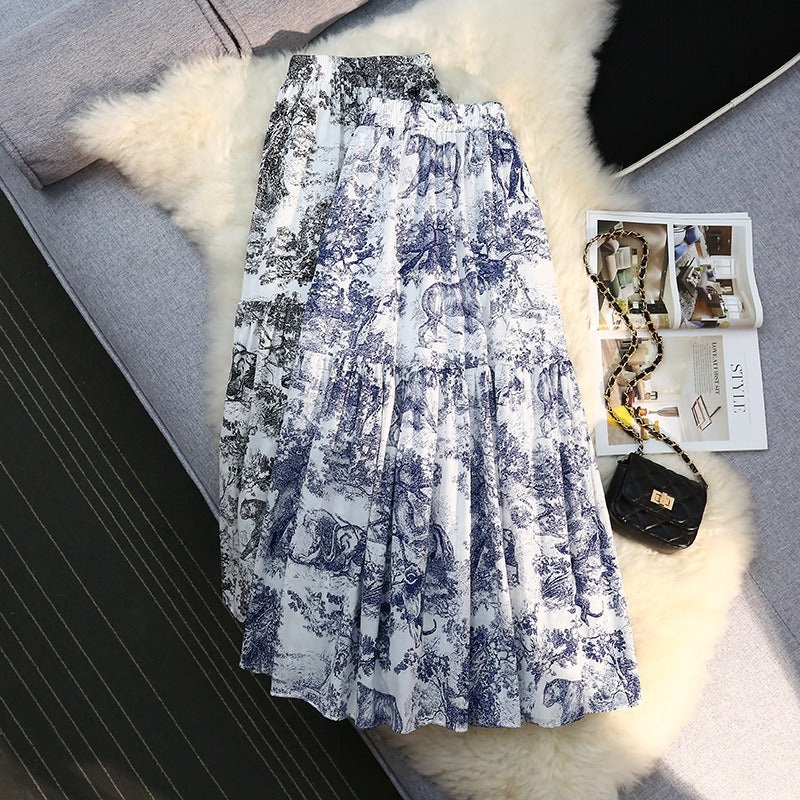 Animal Porcelain A-line Printed Pleated Skirt