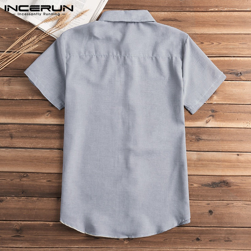 Short Sleeve Shirt Men Lapel Neck Button Pockets Solid