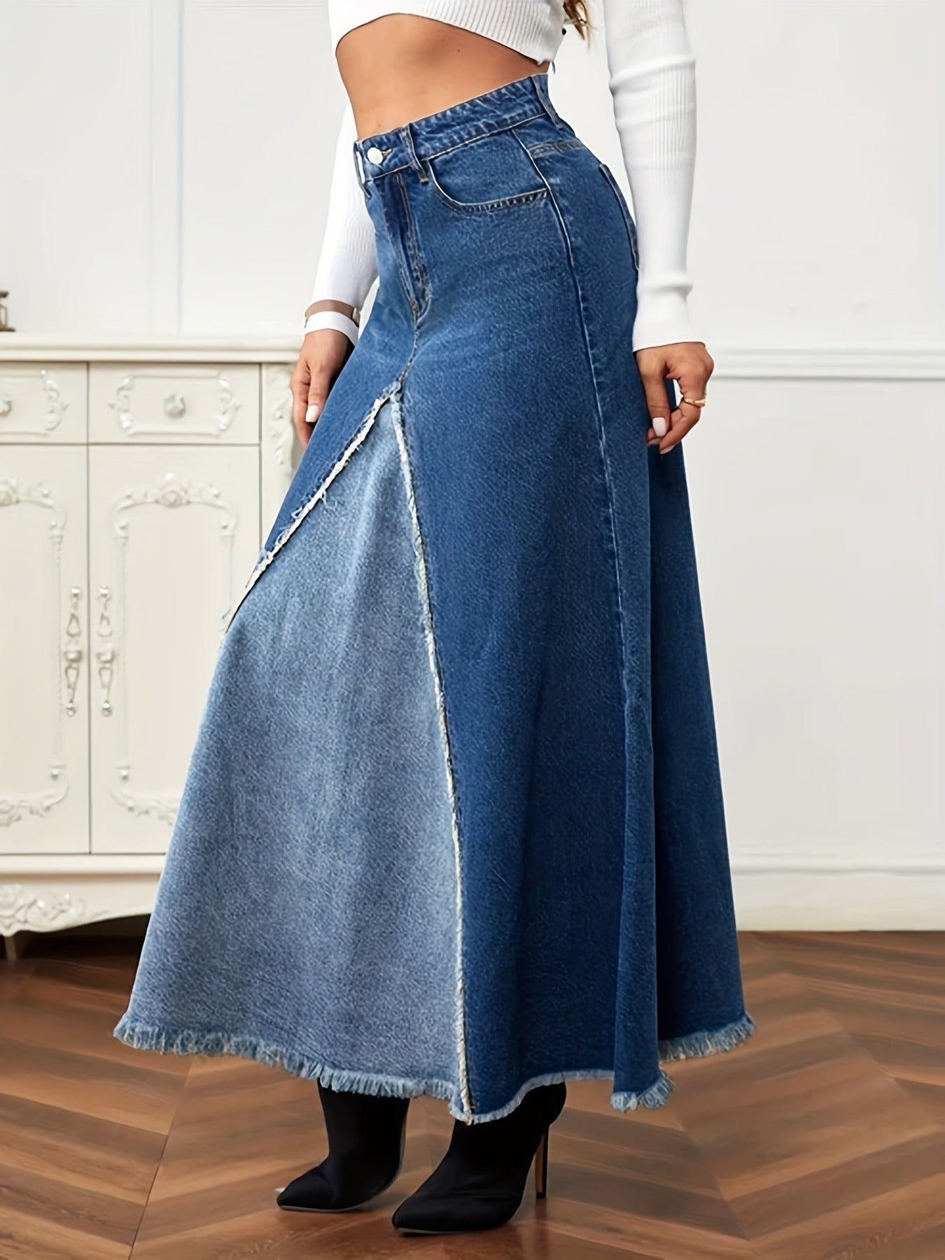 Spliced Denim Long Skirt