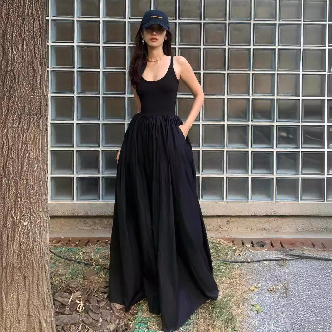 Sleeveless Vest Long Black Suspender Dress