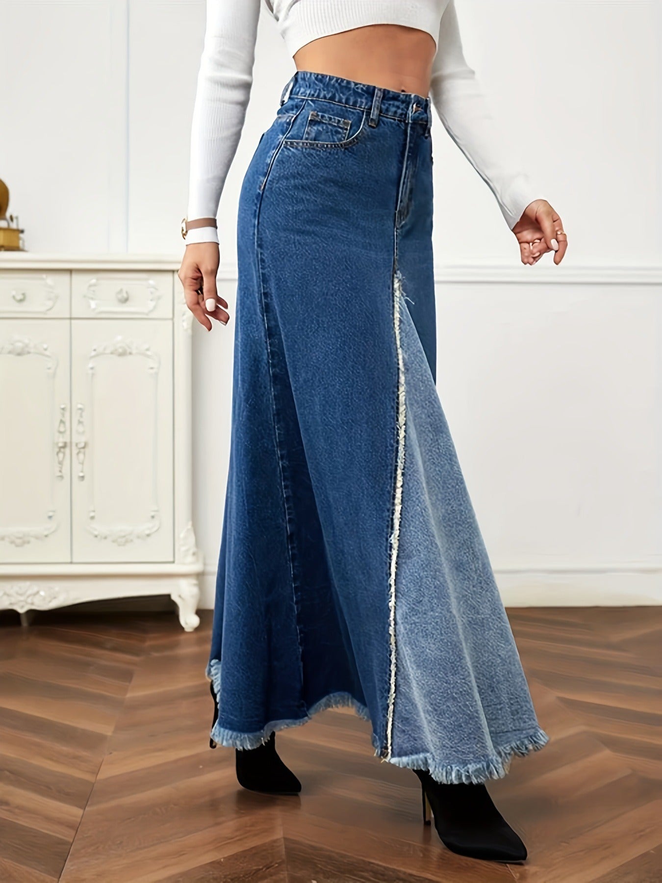 Spliced Denim Long Skirt