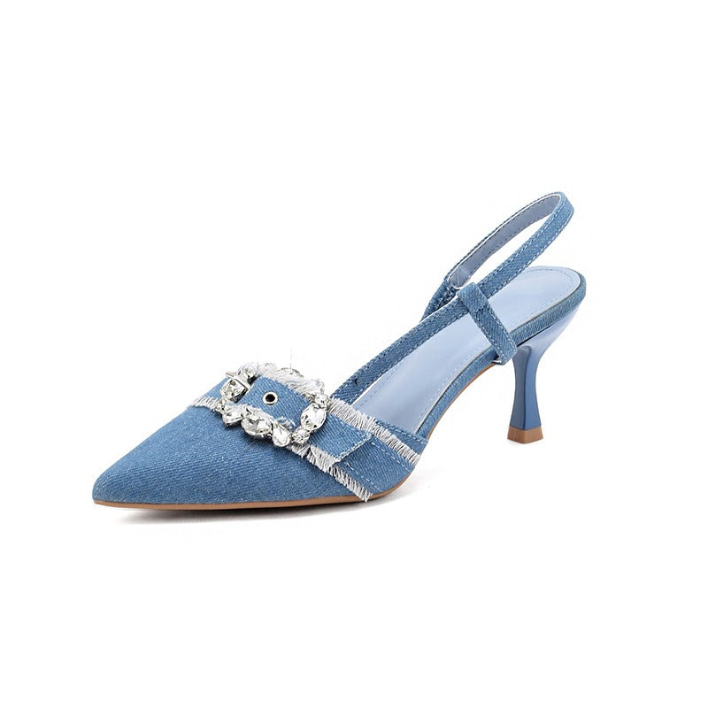 Buckle Denim Rhinestone Pointed Toe Heels