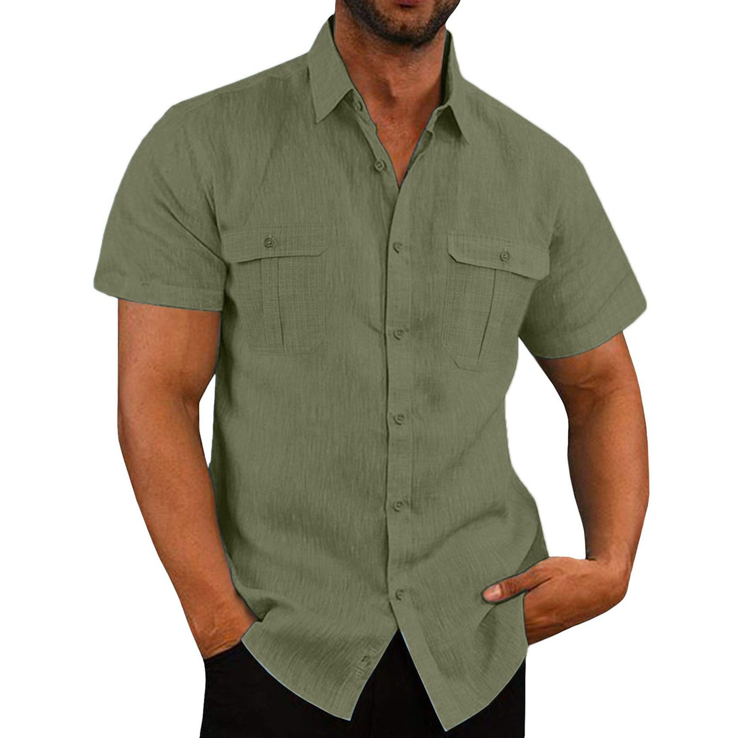 Wide Collar Short Sleeve Casual Shirt