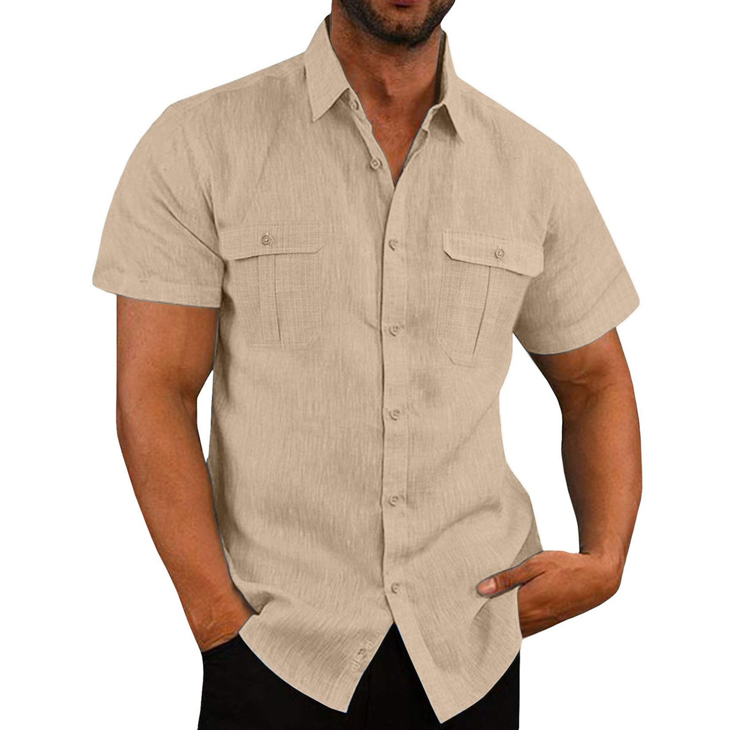 Wide Collar Short Sleeve Casual Shirt