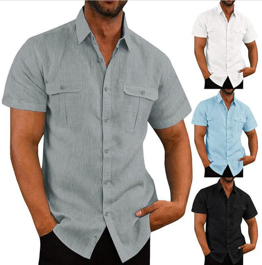 Wide Collar Short Sleeve Casual Shirt