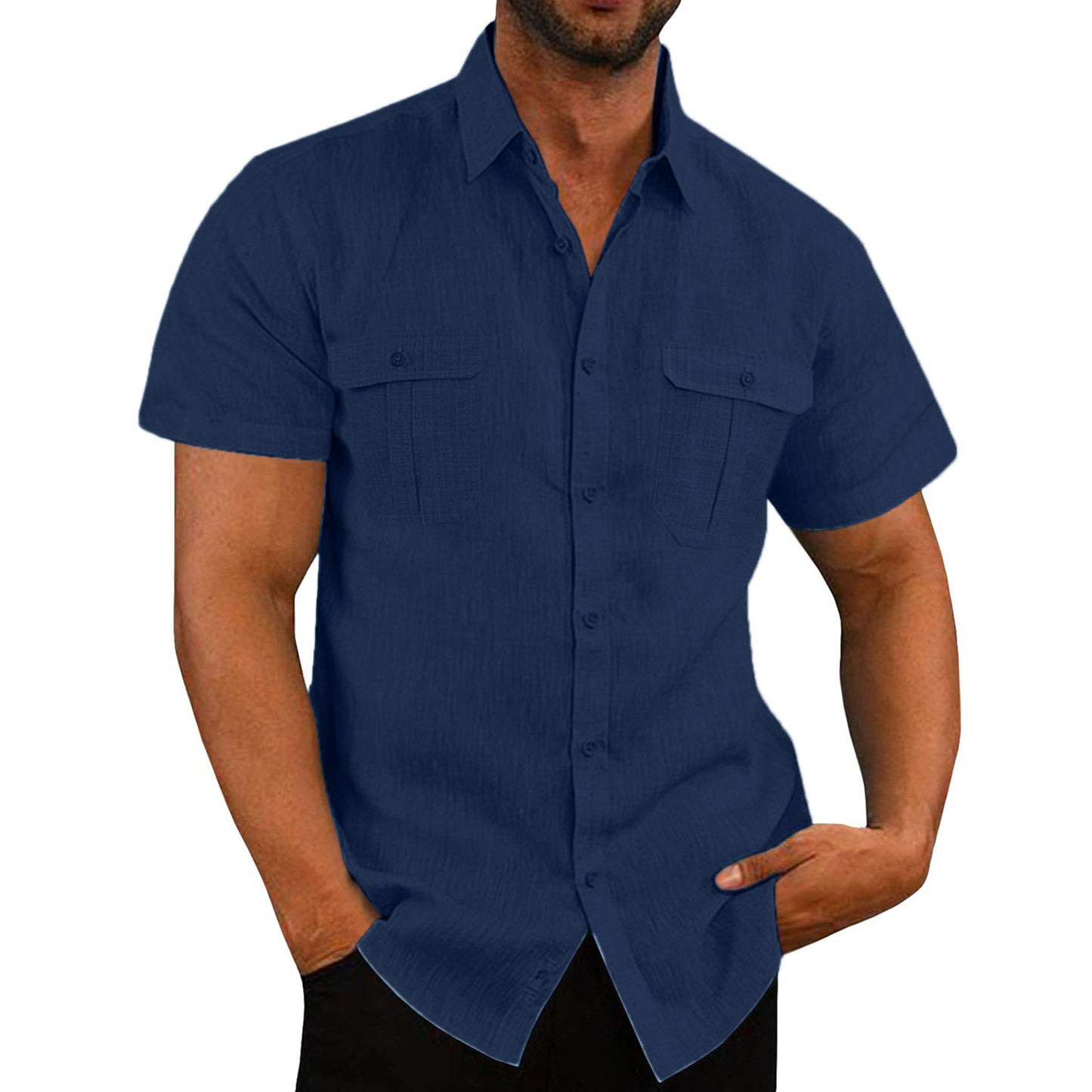 Wide Collar Short Sleeve Casual Shirt